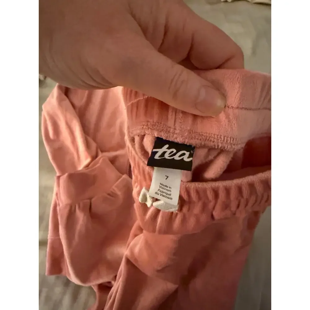 Tea collection light pink velour zip hoodie and pants outfit size 7